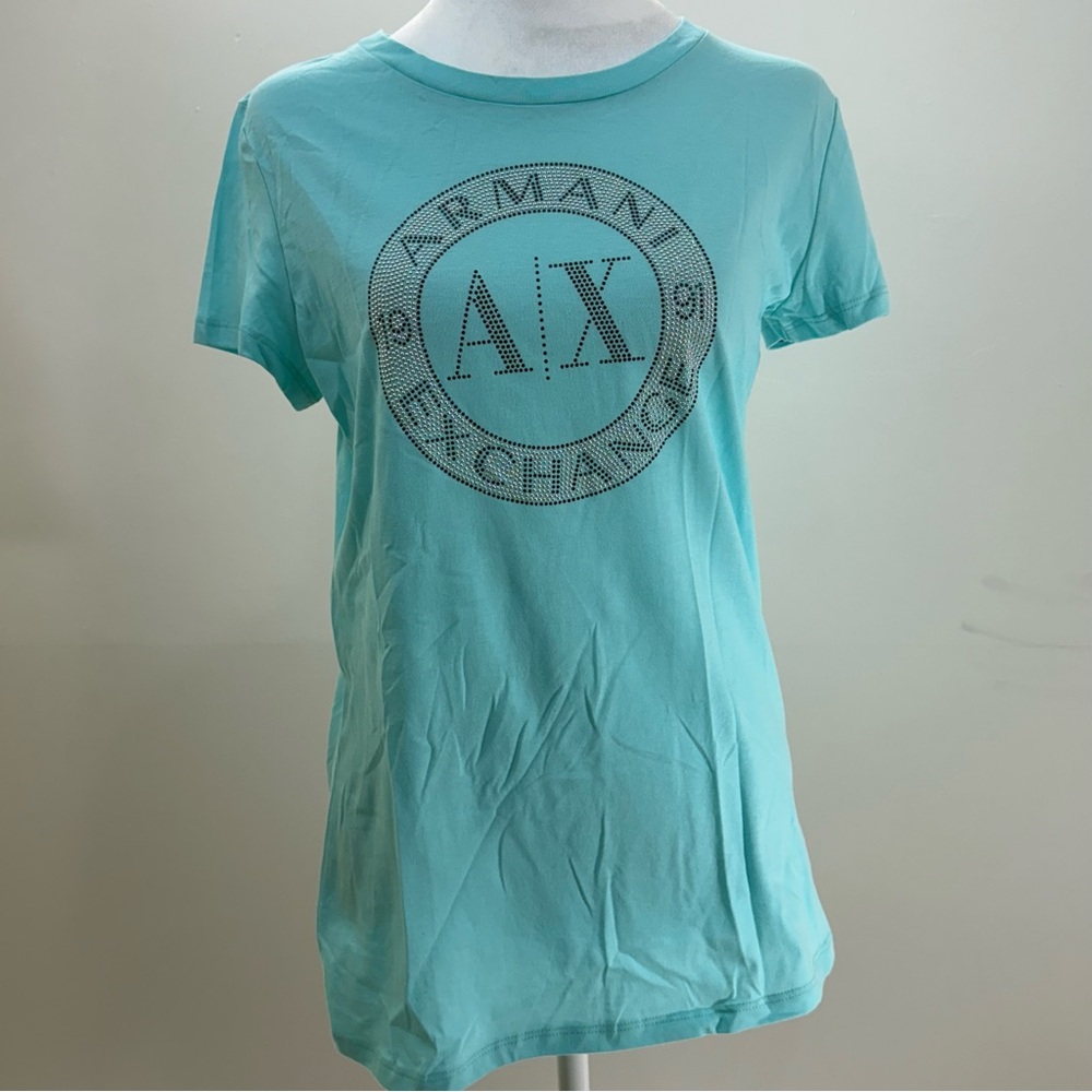💎 Armani Exchange Aqua Blue Rhinestone Logo Tee (NWT) - Picture 13 of 14